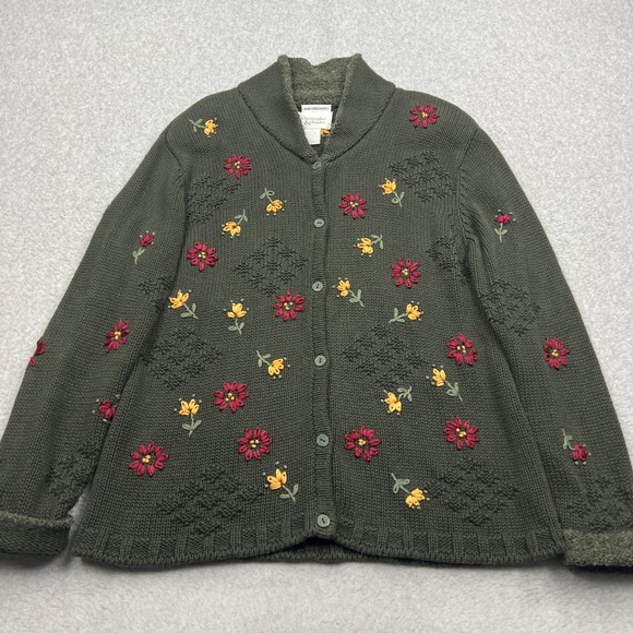 Christopher & Banks Sweaters - Christopher & Banks Sweater Women's Large Green Floral Hand Embroidered Cardigan